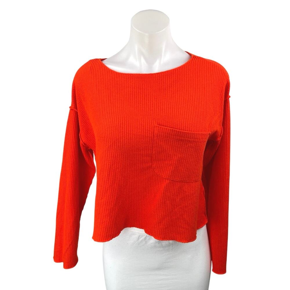 Anthropologie Orange Waffle Knit Long Sleeve Pocket Crop Sweater Top Size XS
